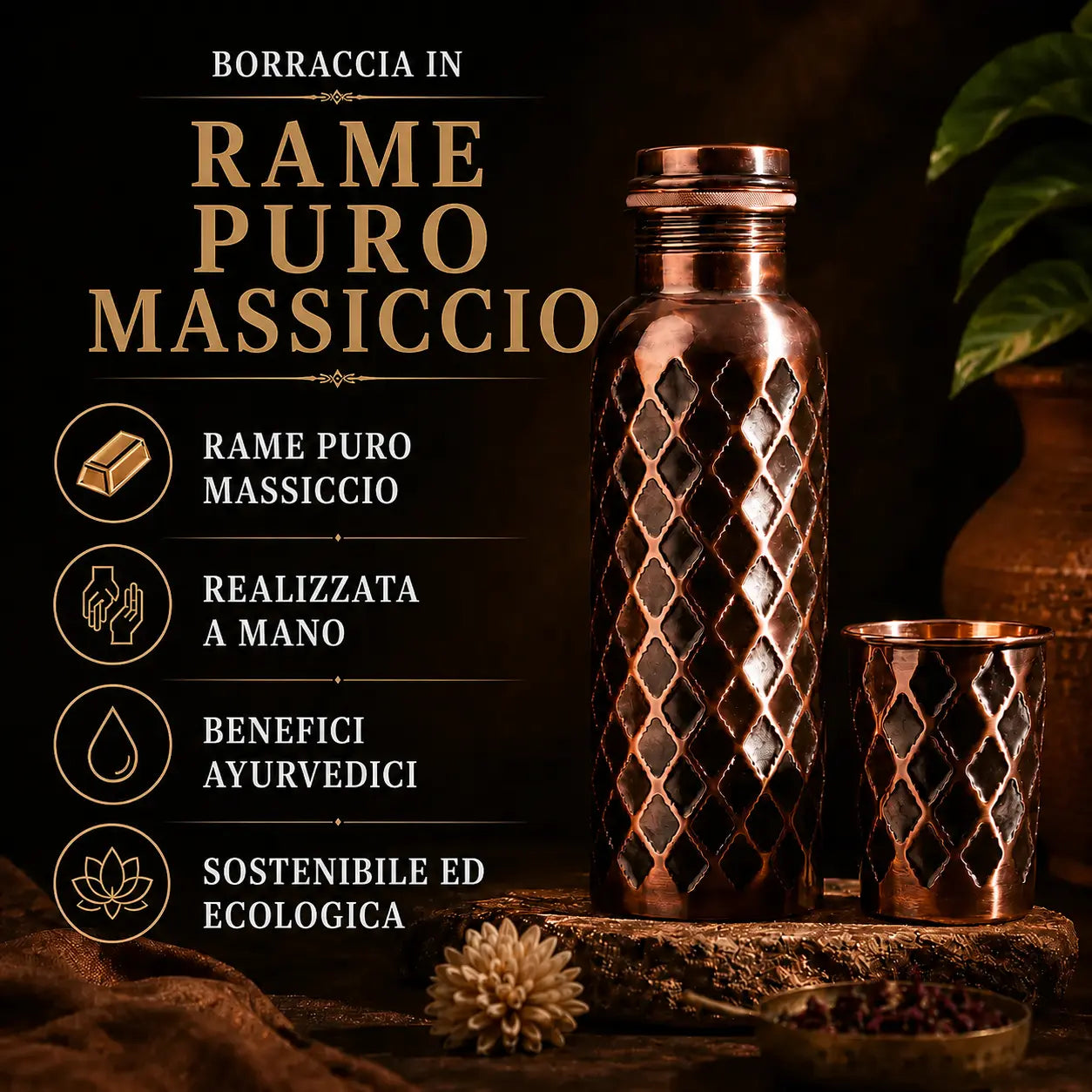 Alma Pure™ – Borraccia Diamond in Puro Rame Massiccio