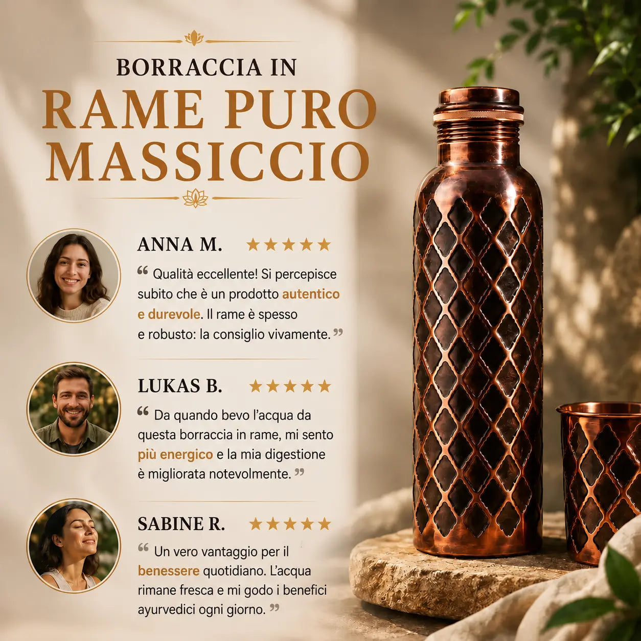 Alma Pure™ – Borraccia Diamond in Puro Rame Massiccio