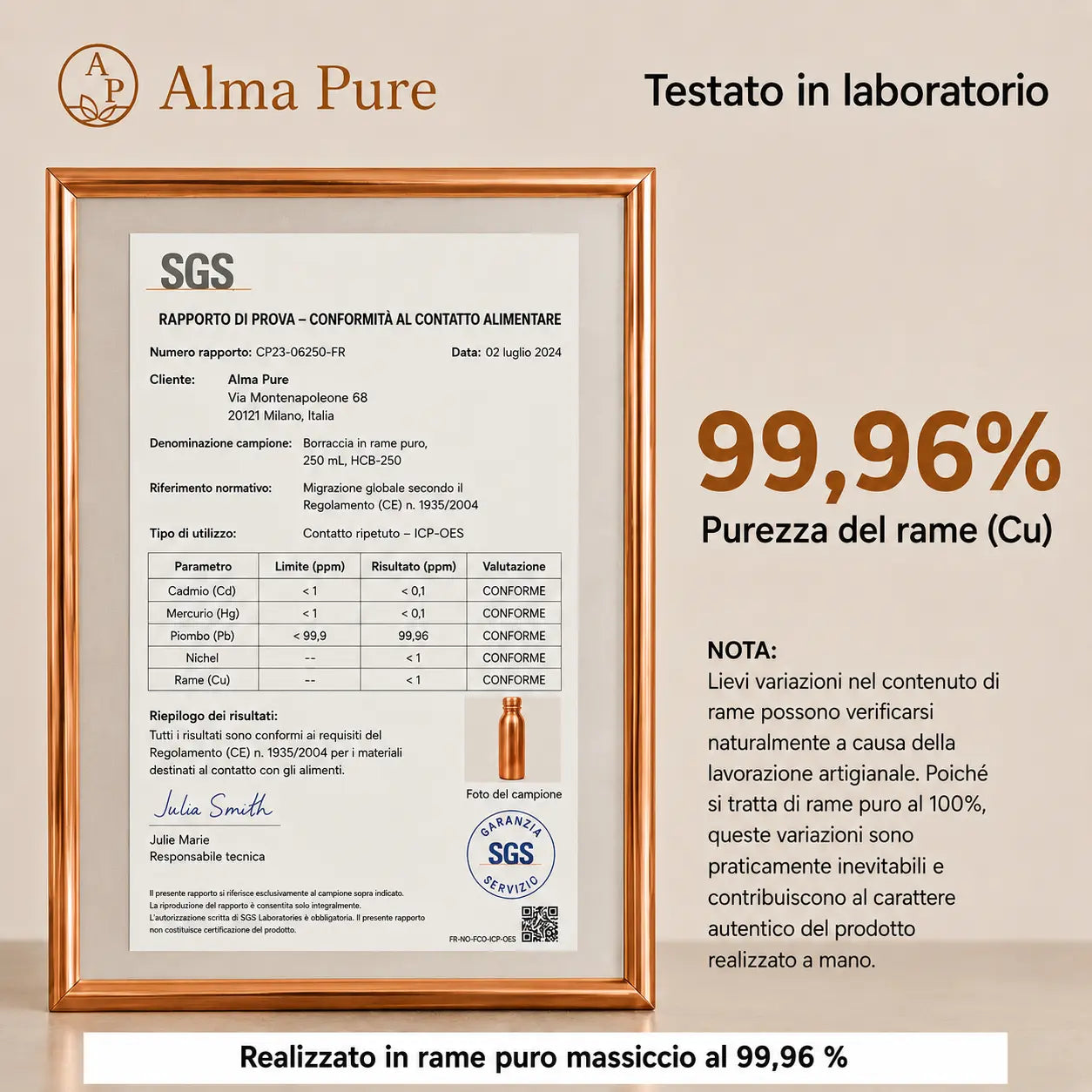 Alma Pure™ – Borraccia Diamond in Puro Rame Massiccio