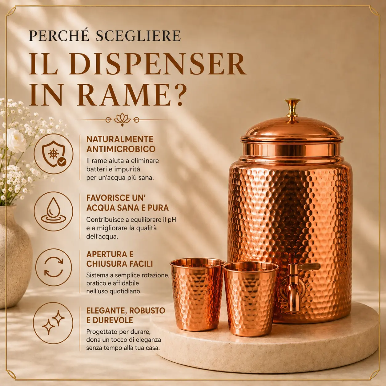 Alma Pure - Dispenser d’acqua in rame puro massiccio al 99,9%
