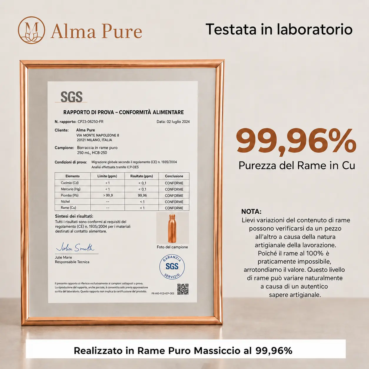Alma Pure - Dispenser d’acqua in rame puro massiccio al 99,9%