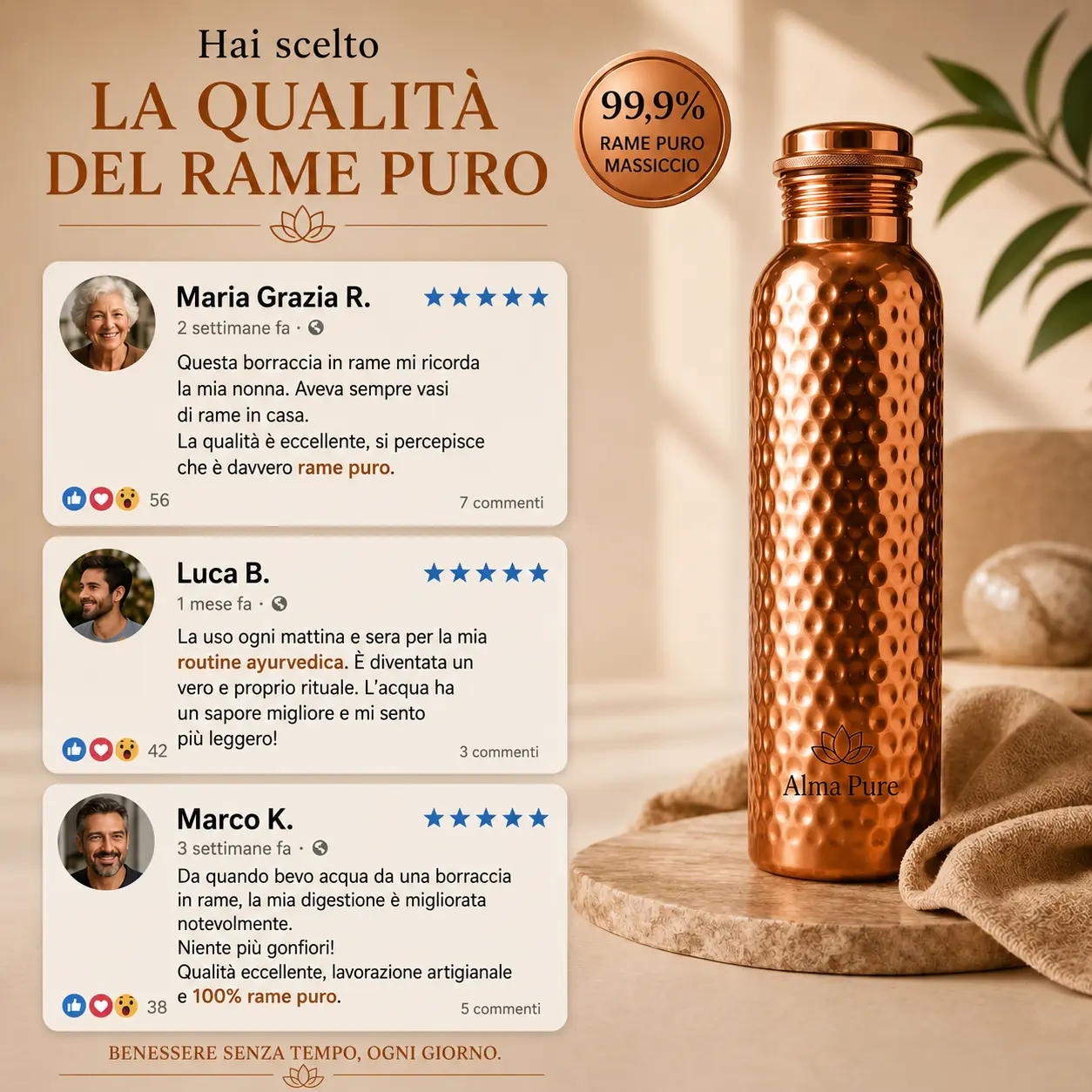 Alma Pure™ – Borraccia Heritage in Puro Rame Massiccio