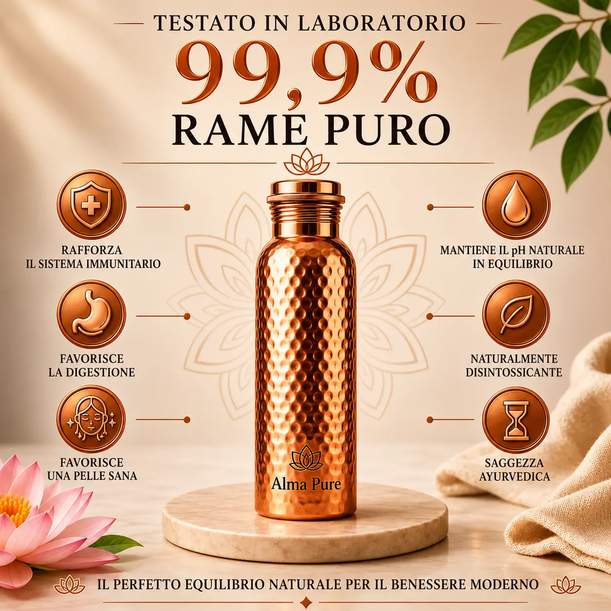 Alma Pure™ – Borraccia Heritage in Puro Rame Massiccio