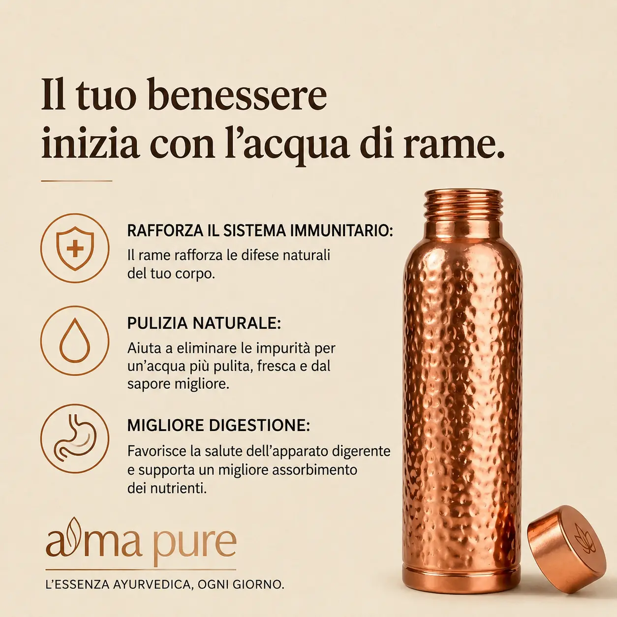 Alma Pure · Borraccia in Rame · Acqua Purificata Naturalmente
