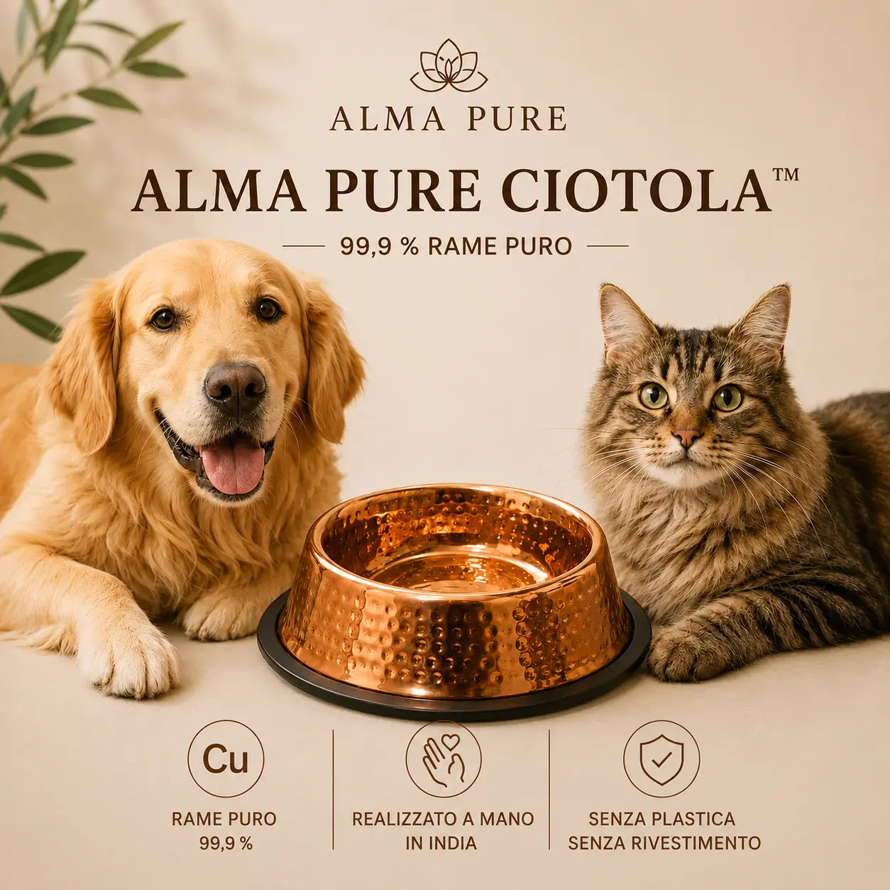 Ciotola Alma Pure™ in rame puro al 99,9% per cani e gatti