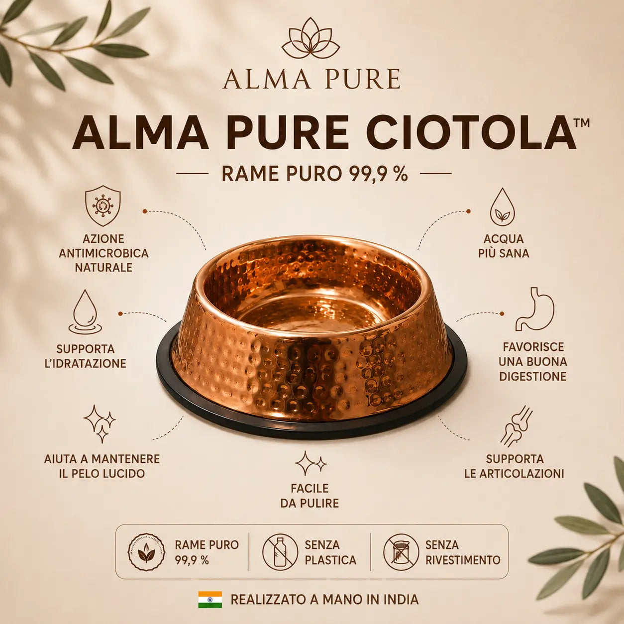 Ciotola Alma Pure™ in rame puro al 99,9% per cani e gatti